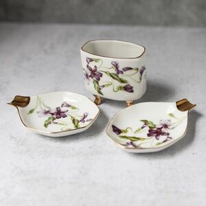 Vintage Lefton Japan violet porcelain cigarette holder and two ashtrays